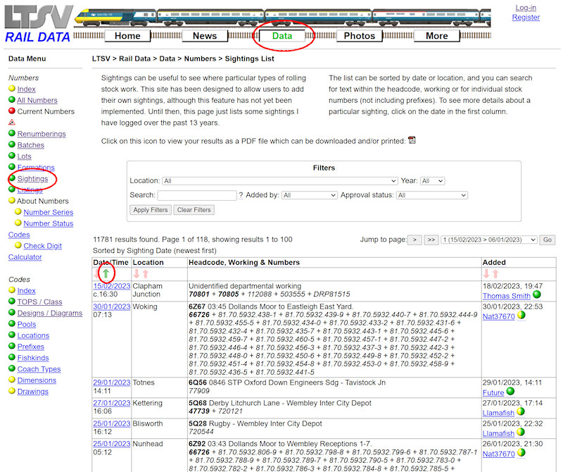 1.2.4.1 The Sightings List page screenshot