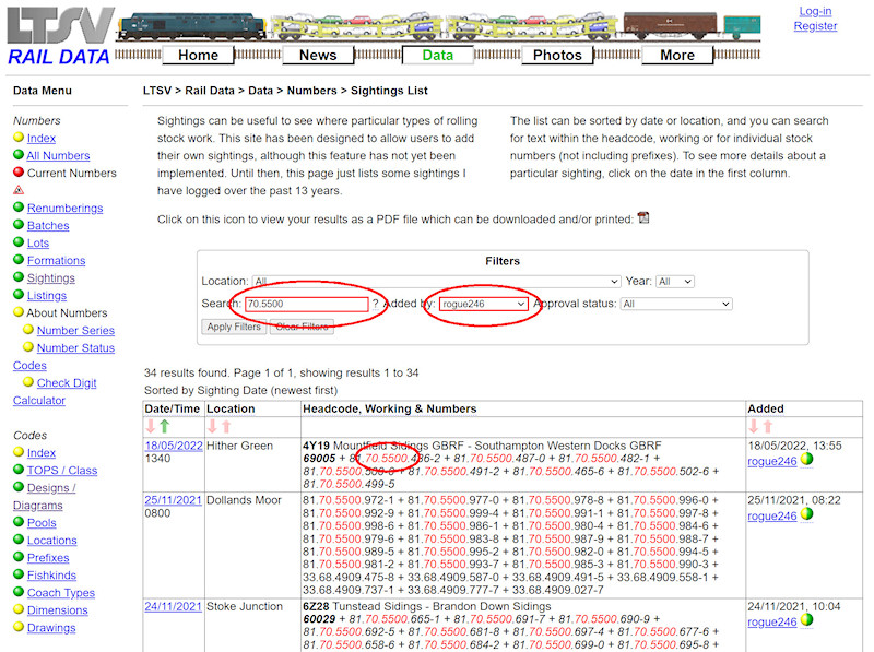 1.2.4.3 Searching the Sightings List screenshot