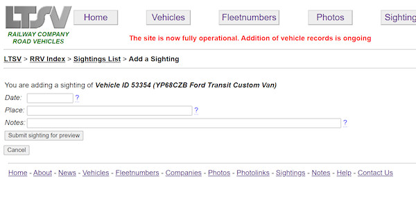The add a sighting page screenshot
