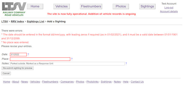 Errors on the sighting add page screenshot