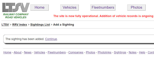 Sighting add success page screenshot
