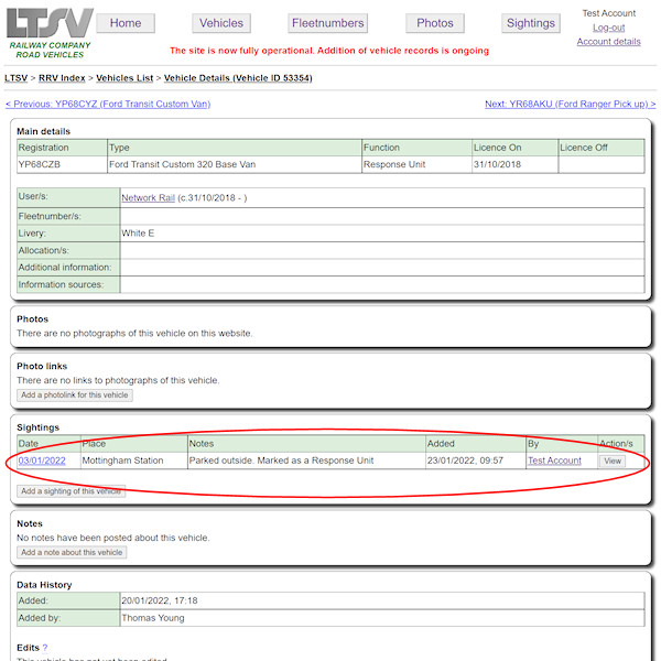 Vehicle detail page with new sighting displayed screenshot
