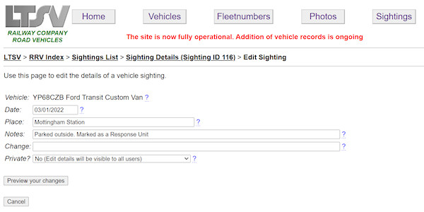 The sighting edit page screenshot