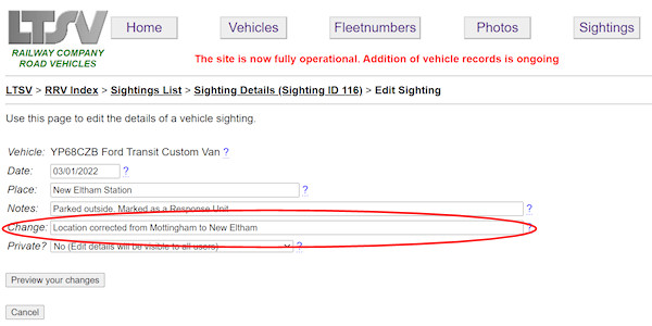 The Change field on the sighting edit page screenshot