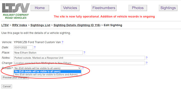 The Private field on the sighting edit page screenshot