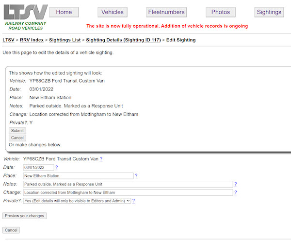 Previewing an edited sighting screenshot