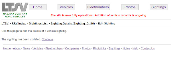 The sighting edit success page screenshot