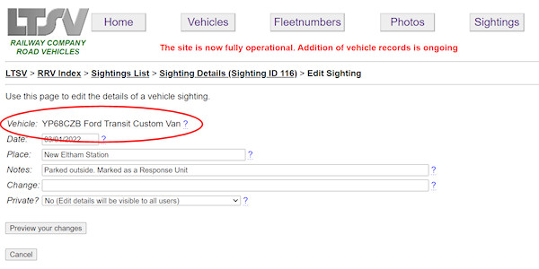 Sighting edit page with vehicle details screenshot
