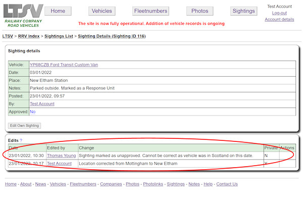 The details page for an unapproved sighting screenshot